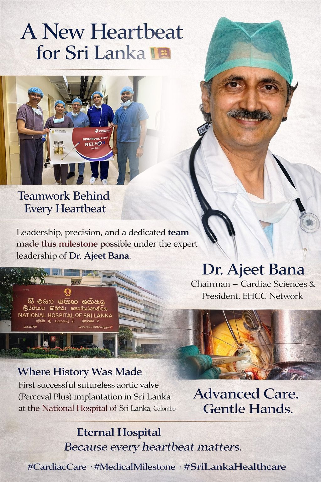 इटर्नल हॉस्पिटल के वरिष्ठ हृदय रोग विशेषज्ञ डॉ. अजीत बाना के नेतृत्व में श्रीलंका में पहली बार सफल हुआ स्यूचरलेस एओर्टिक वाल्व प्रत्यारोपण